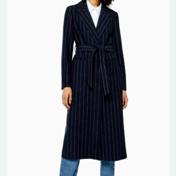 Zara Jackets & Blazers - ZARA Navy Pinstripe Belted Coat 100% WOOL!